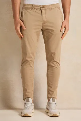 Beige Slim Fit Grament Dyed Chino Trousers