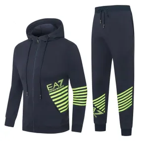 EA7 Men's Zip Through Hooded Tracksuit-Navy Blue