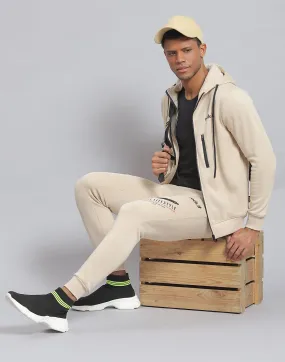 Men Beige Solid Hooded Full Sleeve Tracksuit