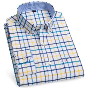 Men's 100% Cotton Long Sleeve Plaid Checkered Shirts Single Patch Pocket Standard-fit Button-down Striped Casual Oxford Shirt