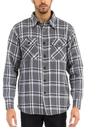 Mens Grey White Plaid Quilted Padded Flannel