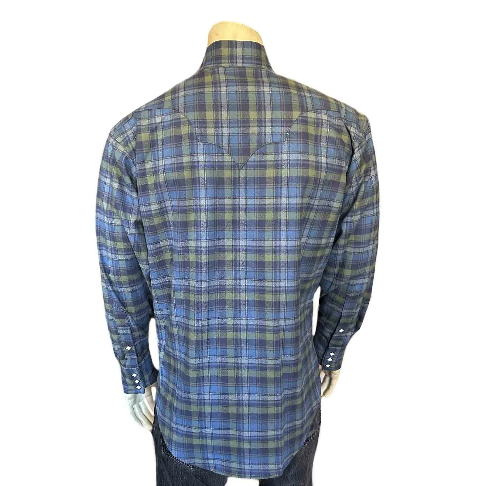 Men's Organic Plush Flannel Blue & Green Plaid Western Shirt