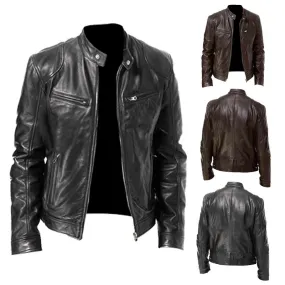 Premium Quality PU Leather Stand up Collar Slim Fit Leather Jacket Warm Zipper Cardigan with Multiple Pockets | PY31